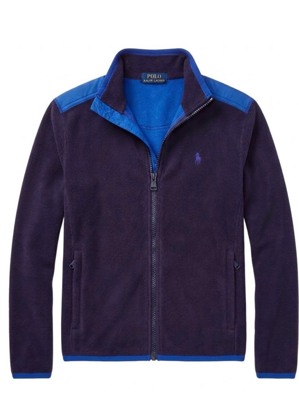 Polo by Ralph Lauren Boys Navy Fleece Zip-Front Jacket with Royal Blue Trim